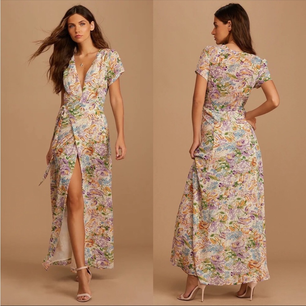 Lulus | Feels Magical Ivory Floral Print Short Sleeve Wrap Maxi Dress